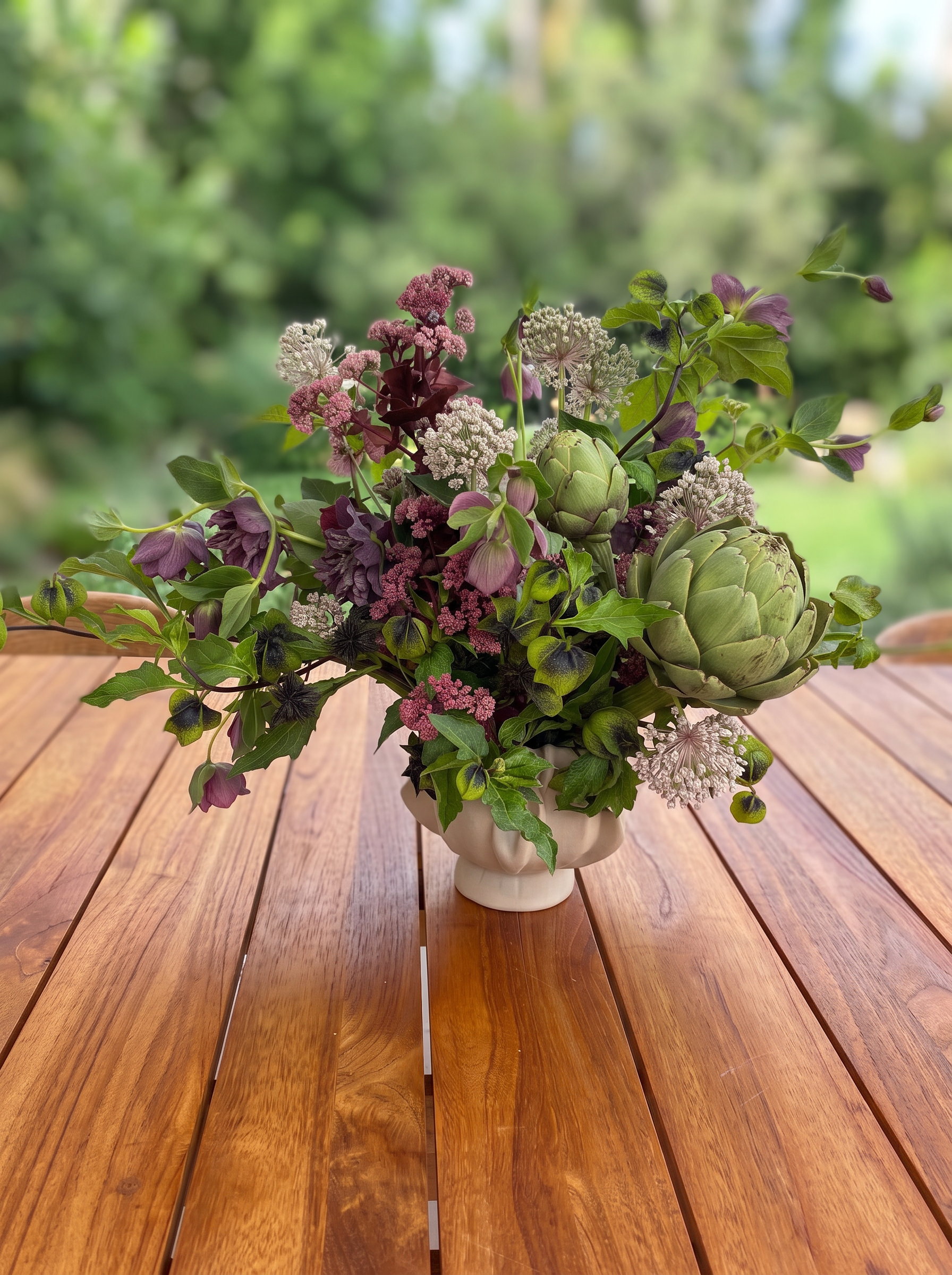 Artichokes, hellebores and airy pink flowers on a garden table