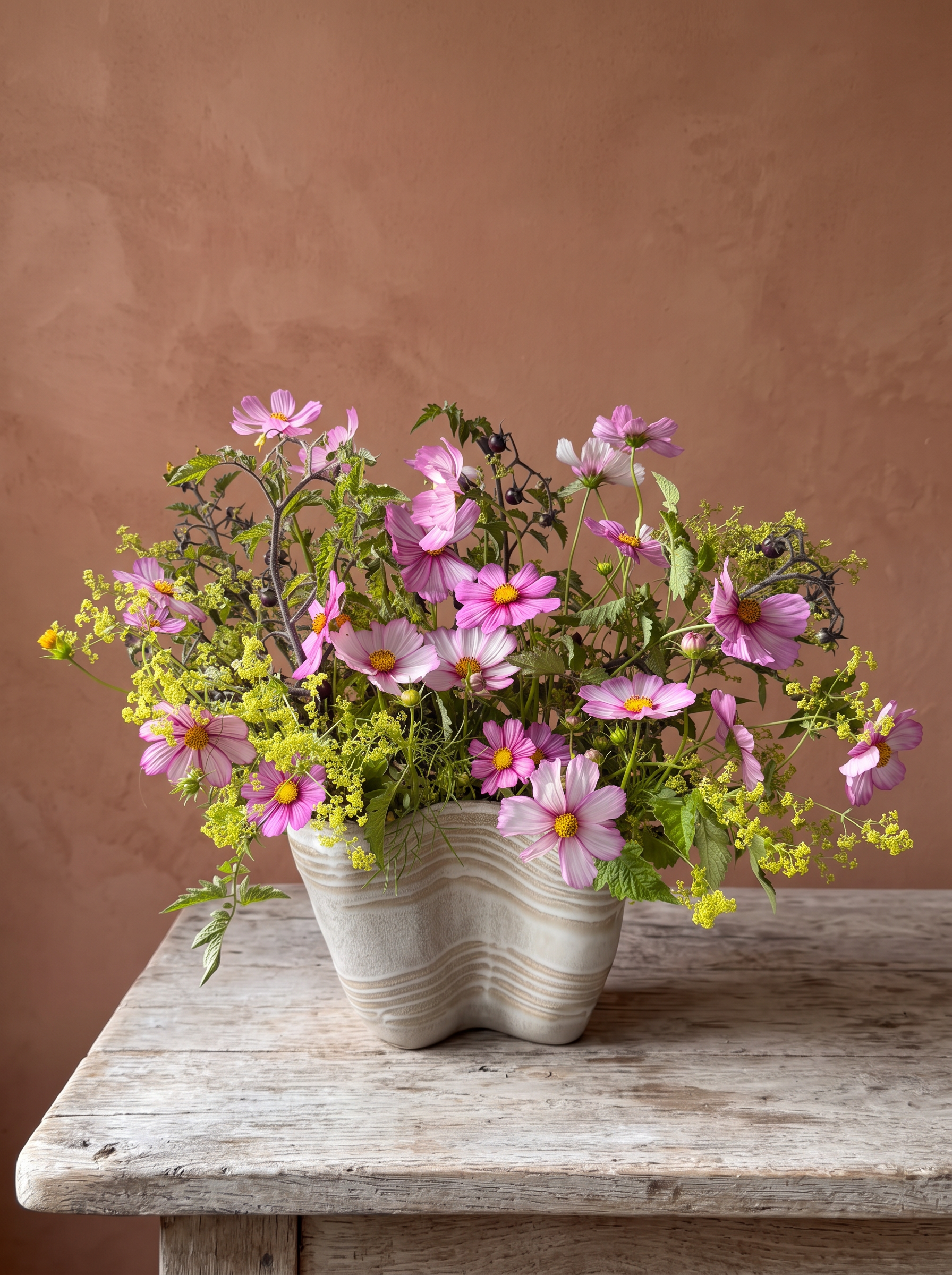 Pink cosmos and chartreuse lady's mantle in a wavy ceramic vase against terracotta plaster
