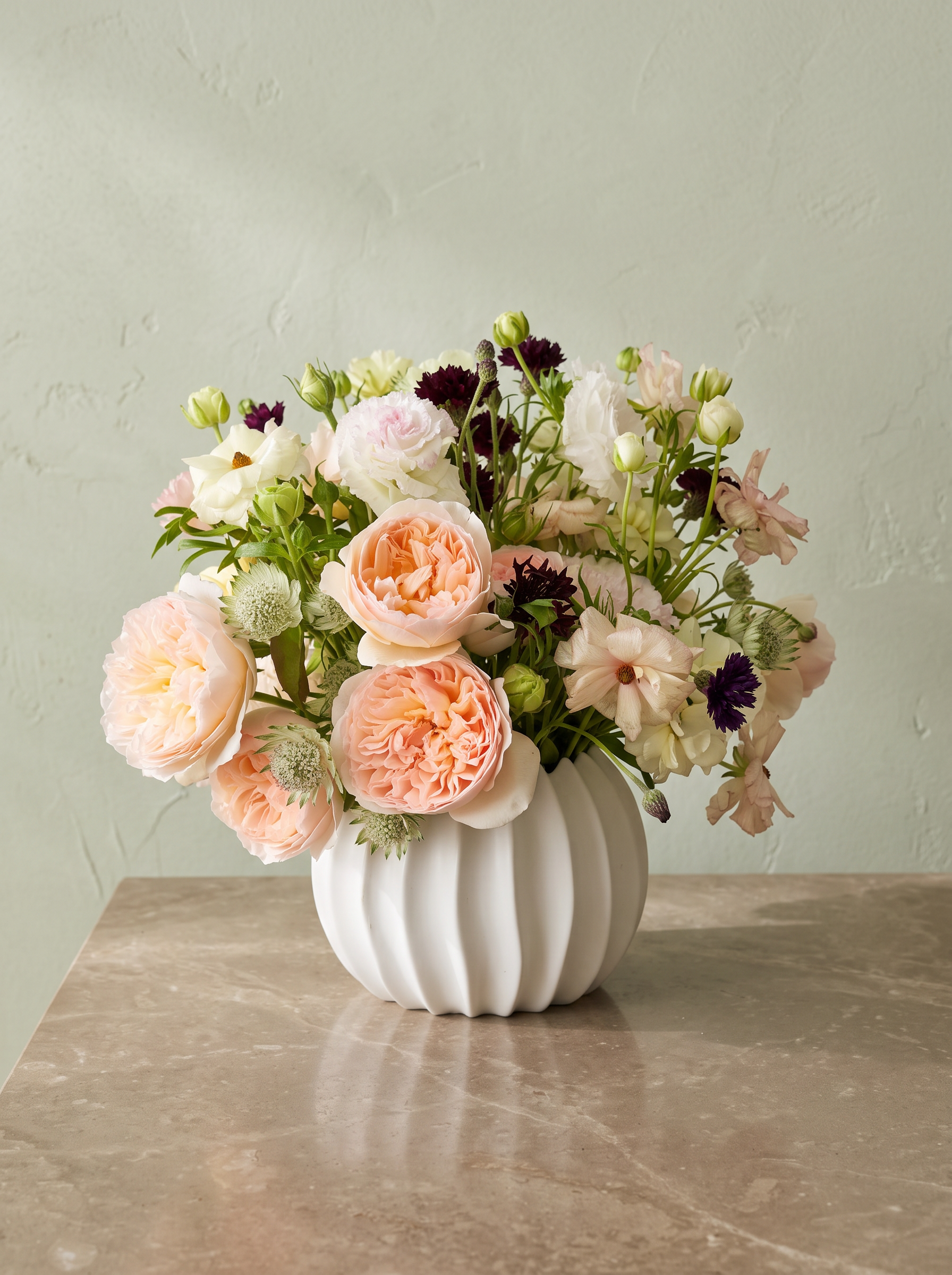 Peach garden roses and cream wildflowers in a sculptural white vase against pale sage plaster