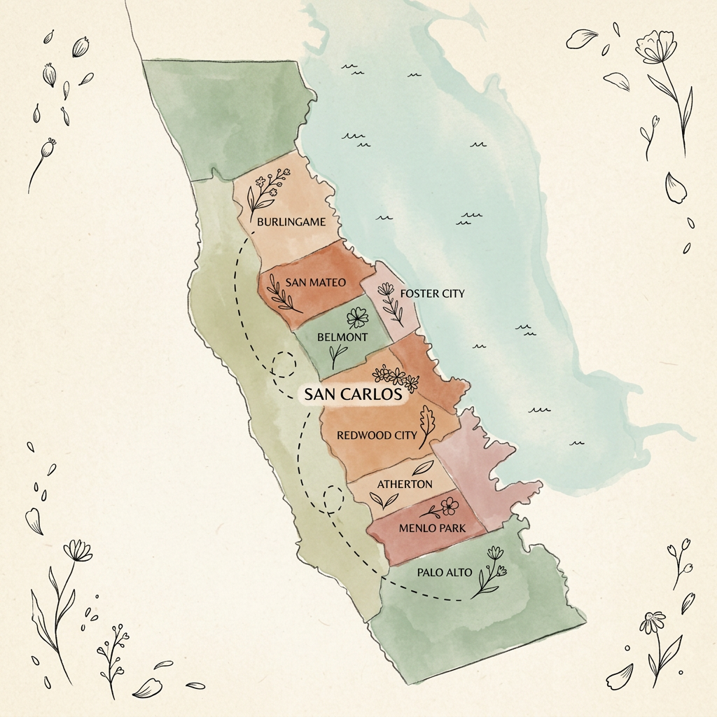 Illustrated map of the San Francisco Peninsula showing Bou-K Floral's 25-mile delivery radius from San Carlos